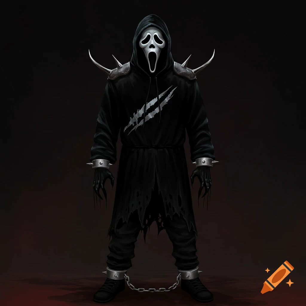 A stylized Ghostface horror character with spikes, shackles, and a distressed mask.
