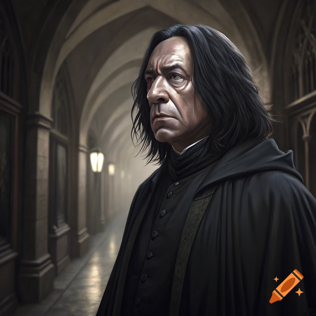 Realistic portrait of a man resembling Severus Snape in a stone hallway