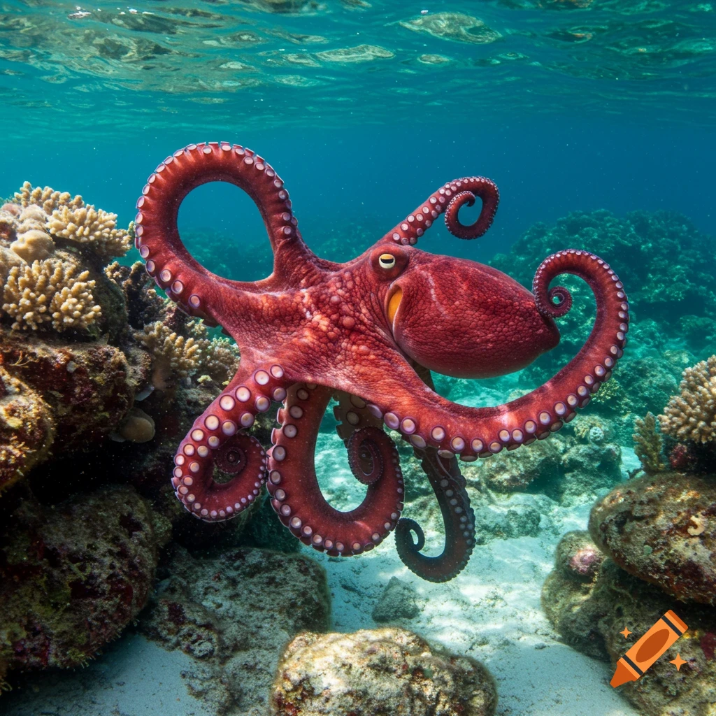 A realistic red octopus stretches its tentacles among coral reefs underwater.