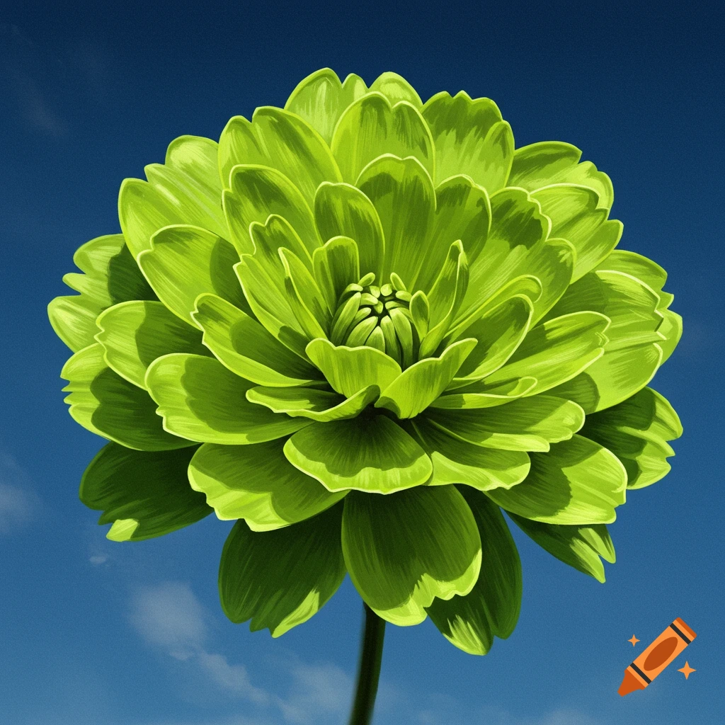 A green flower against a blue sky.