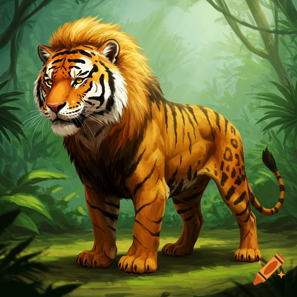 A tiger, lion, and jaguar hybrid standing in a jungle.