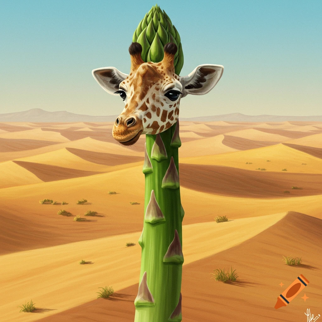 A giraffe head sits atop a giant asparagus stalk in a desert landscape.