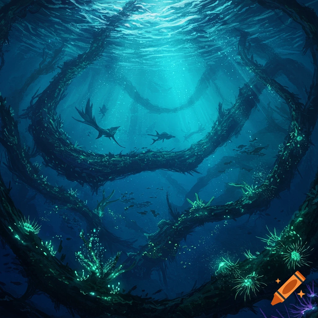 Underwater scene of glowing alien plants, thick vines, and fish-like creatures in a deep blue ocean.