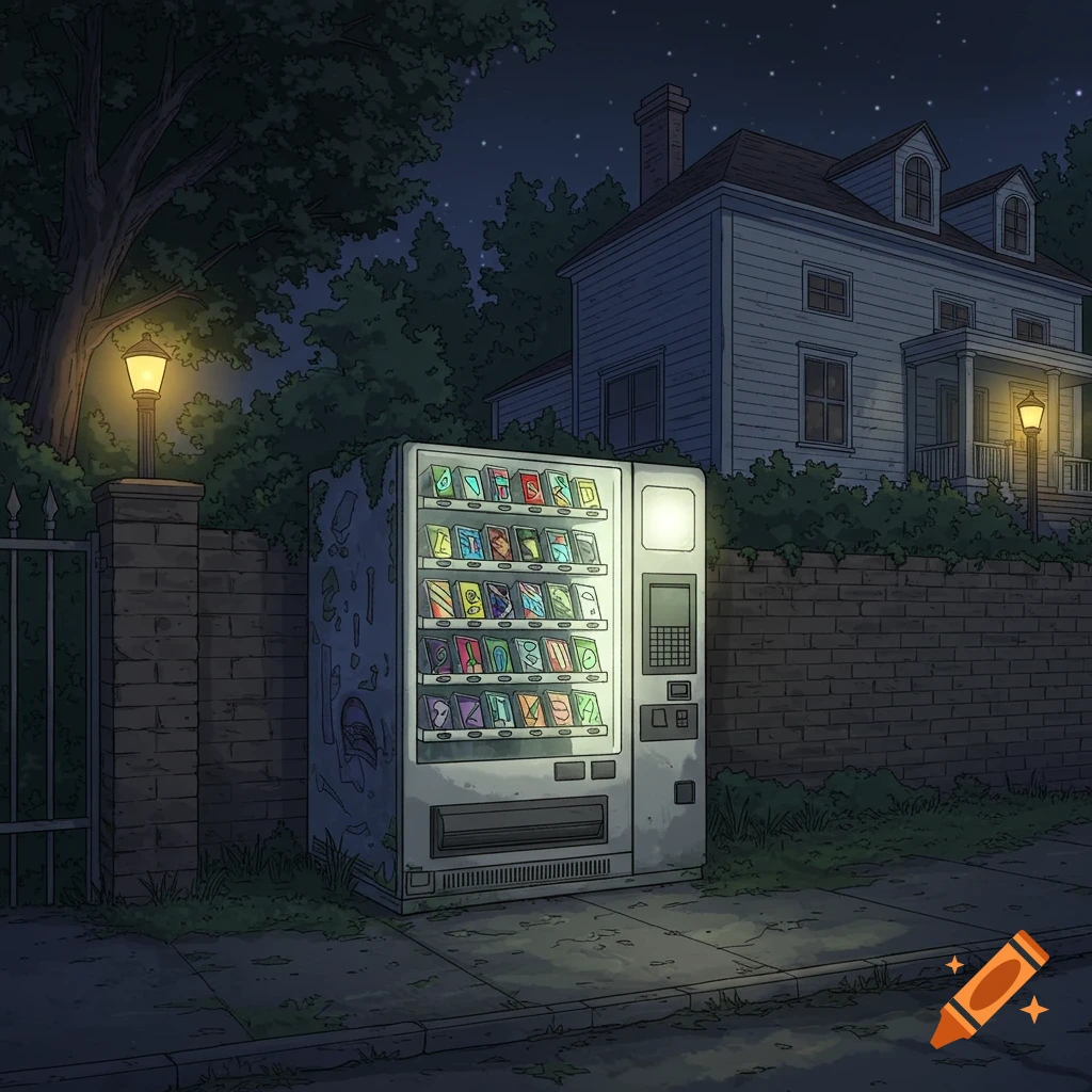 Manga style art of a vending machine on a dark street outside a house at night.
