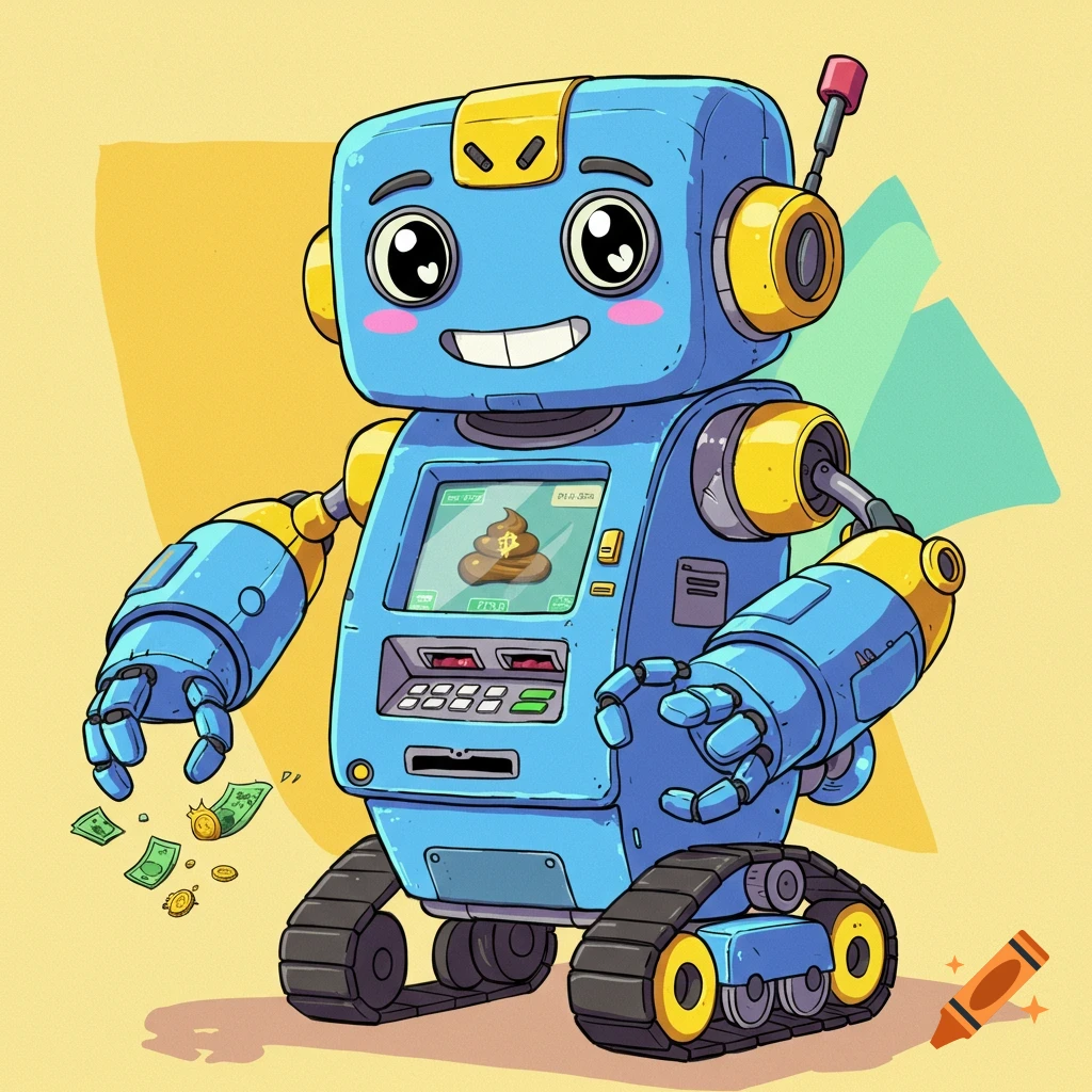 A blue and yellow cartoon robot ATM with a poop emoji on its screen dispenses money.