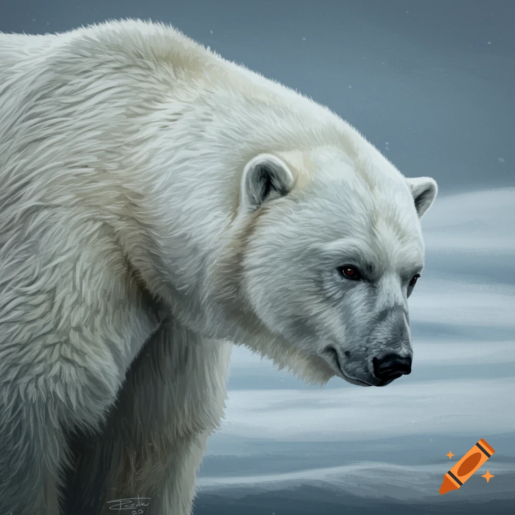 A polar bear looking down in a snowy landscape.