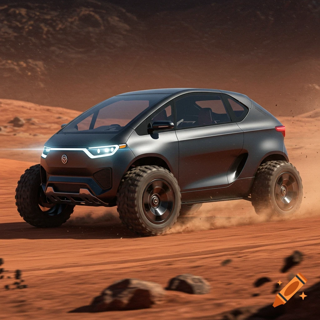 A sleek black futuristic all-terrain vehicle drives through a desert.