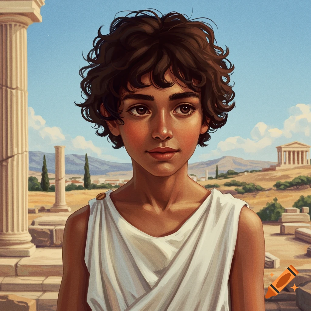 Image of a young boy in ancient Greek clothes standing among ruins.