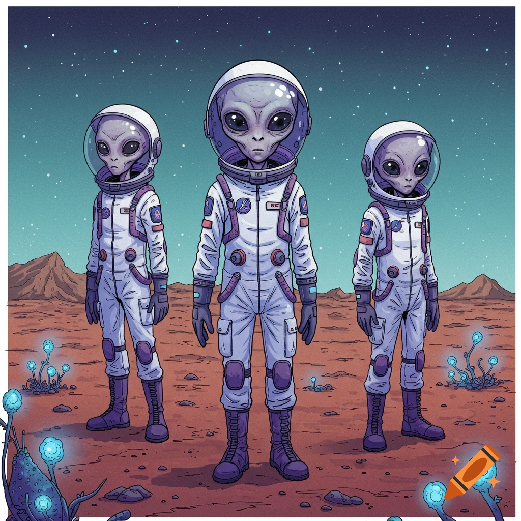 Three grey aliens in white space suits stand on a red planet surface under a starry sky.