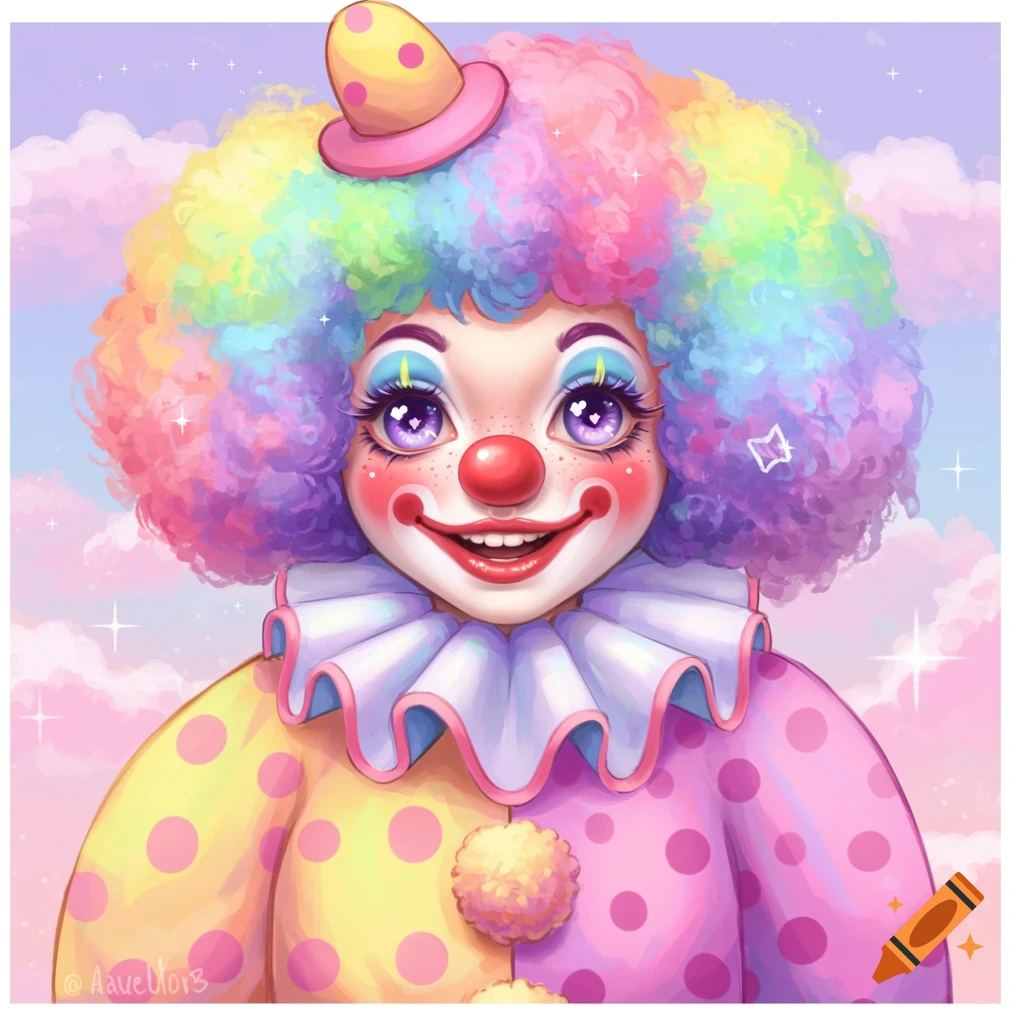 A cute clown with rainbow hair, big eyes, polka dot costume, smiling against a pastel sky.