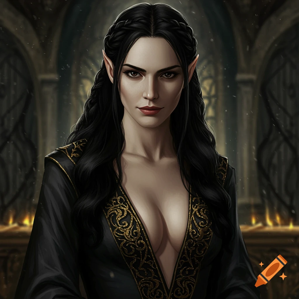 Realistic portrait of an elf woman with dark hair in a low-cut black and gold dress in a dark chamber.