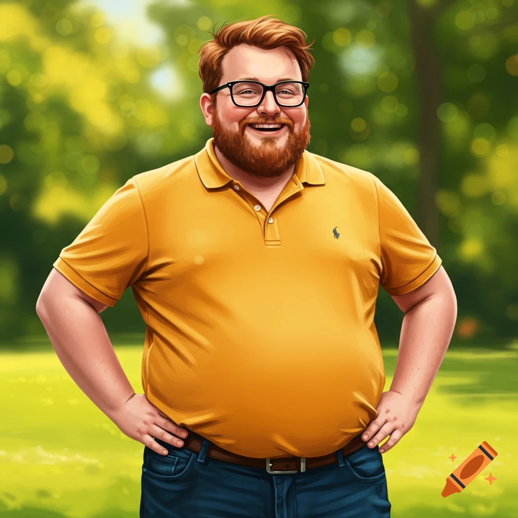 A smiling man with a beard and glasses is wearing a yellow polo shirt and standing in a park.