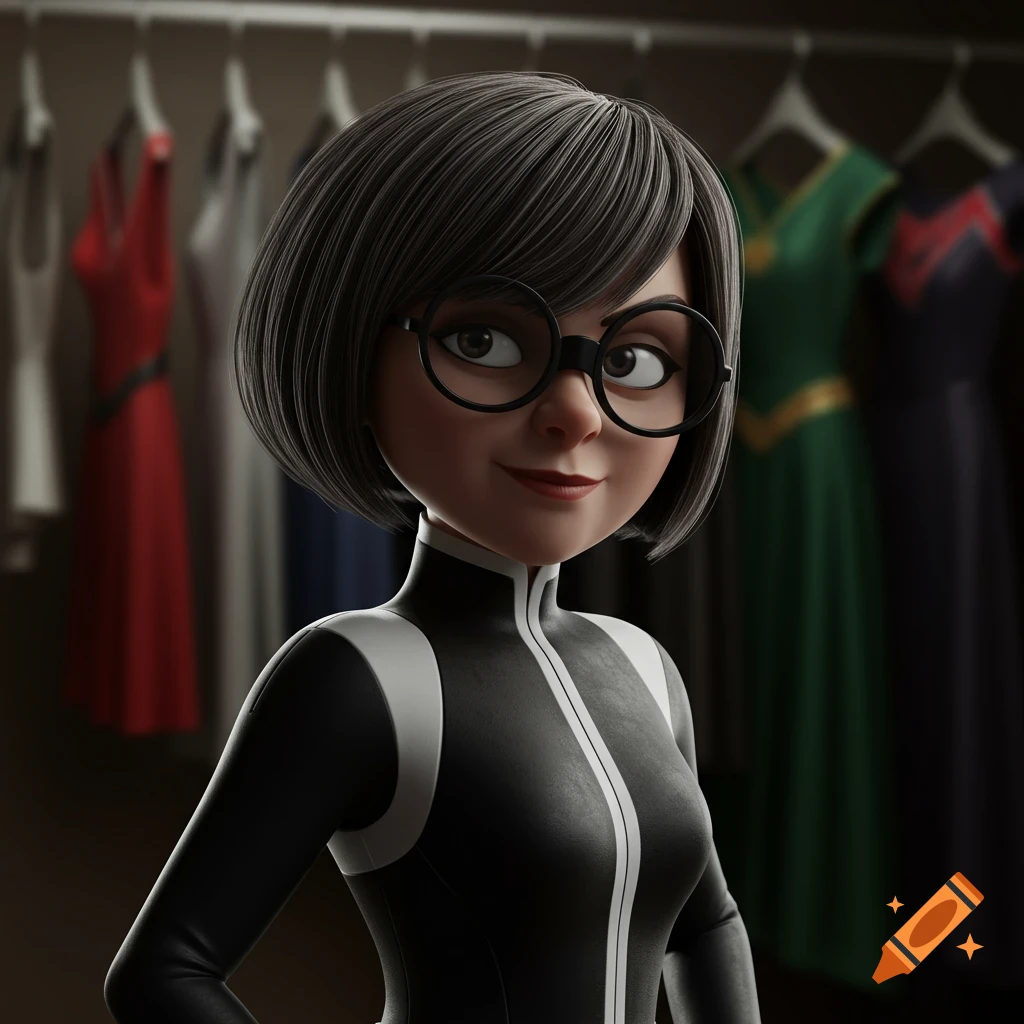 Animated character Edna Mode stands in a closet full of superhero suits.
