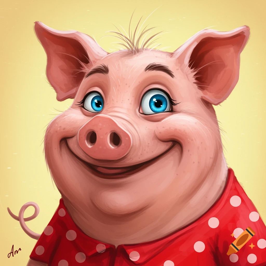 A cartoon pig wearing a red polka dot shirt