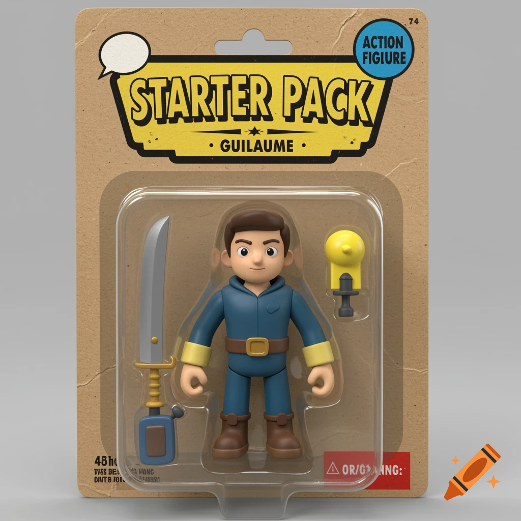 3D rendering of a cartoon action figure in blister pack packaging