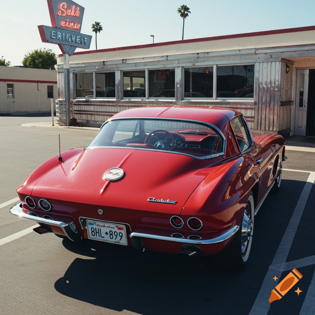 Red vintage Corvette parked outside a retro diner.