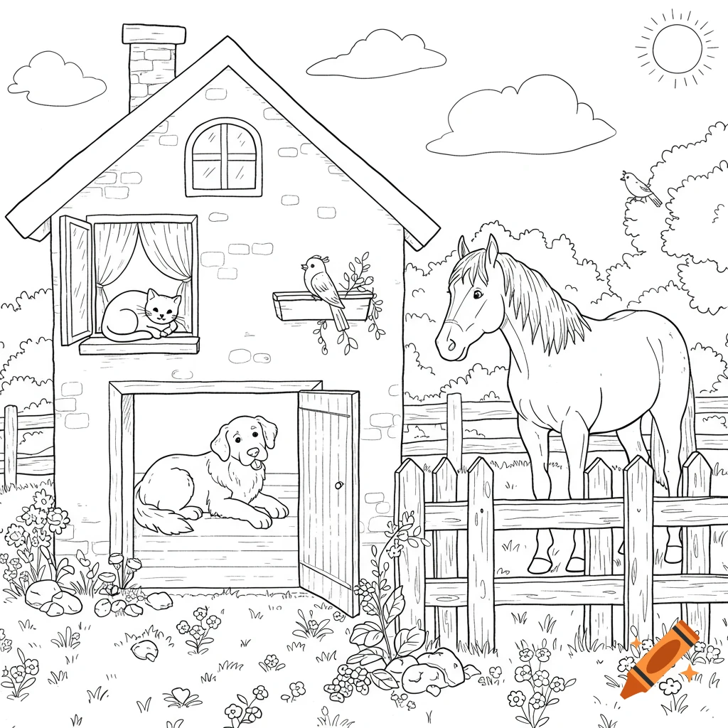 Line drawing of a house with a cat in the window, a dog in the doorway, and a horse outside near a fence.