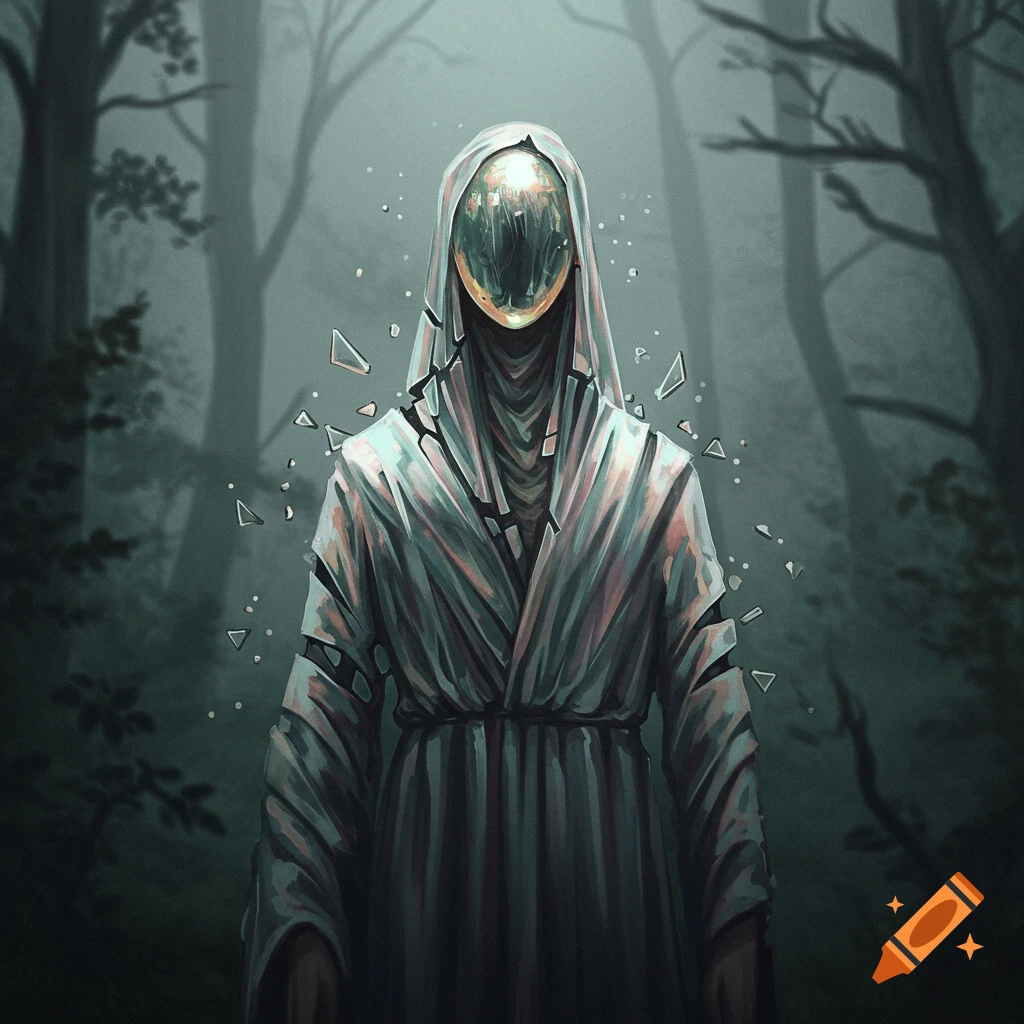 A hooded figure with a fragmented, reflective face stands in a dark, misty forest.