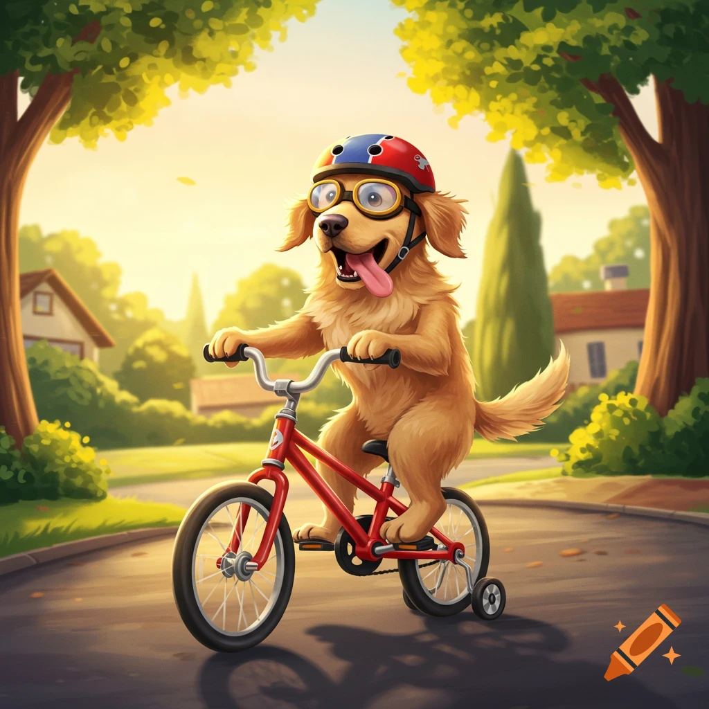 Cartoon golden retriever dog in helmet and goggles rides a red bicycle down a sunny neighborhood street.