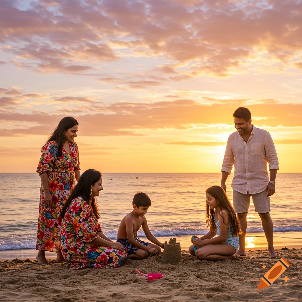 A family builds a sandcastle on a beach at sunset.