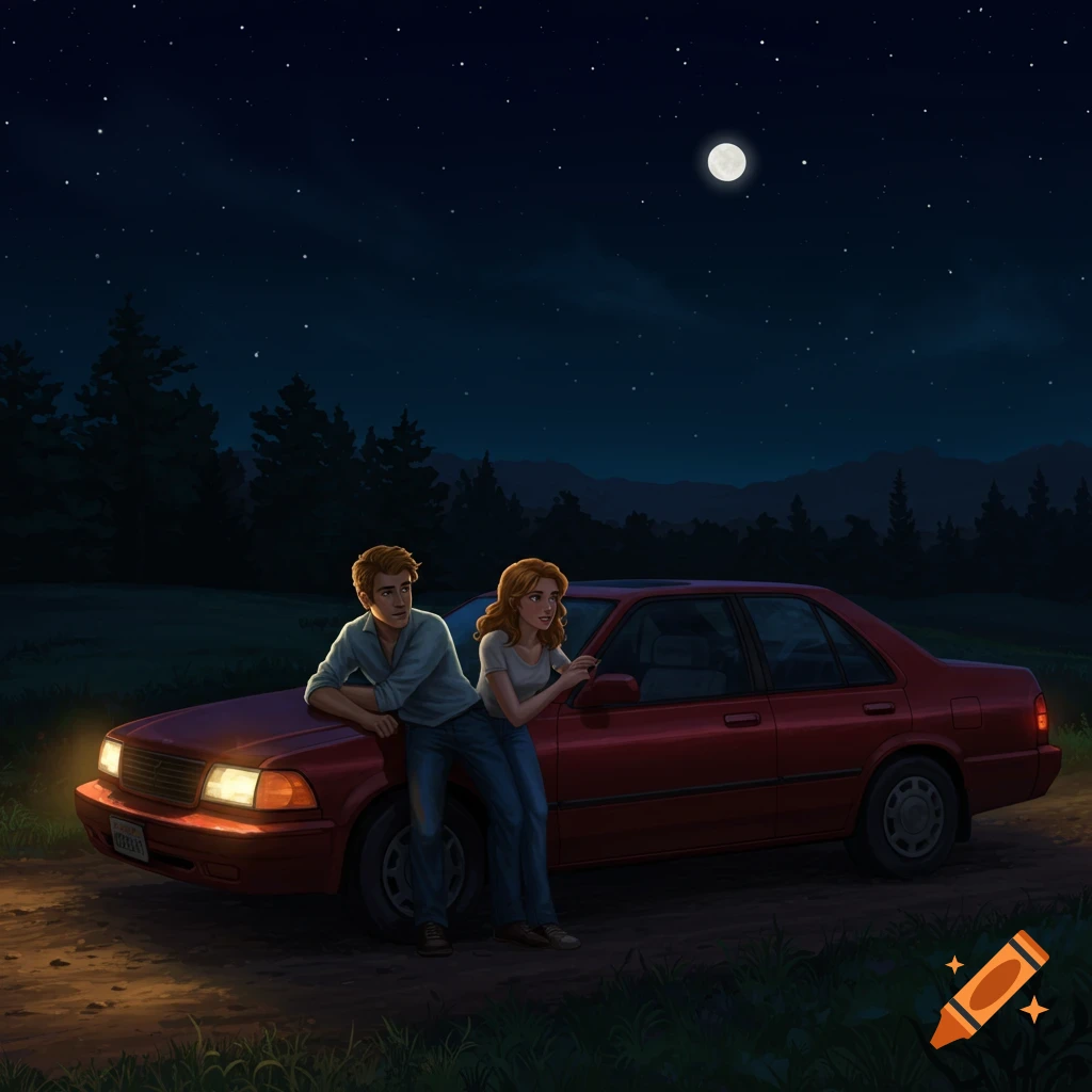 A couple stands by a red car on a dirt road at night under a full moon.