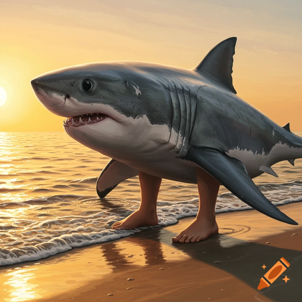 A shark with human feet stands on a beach at sunset.