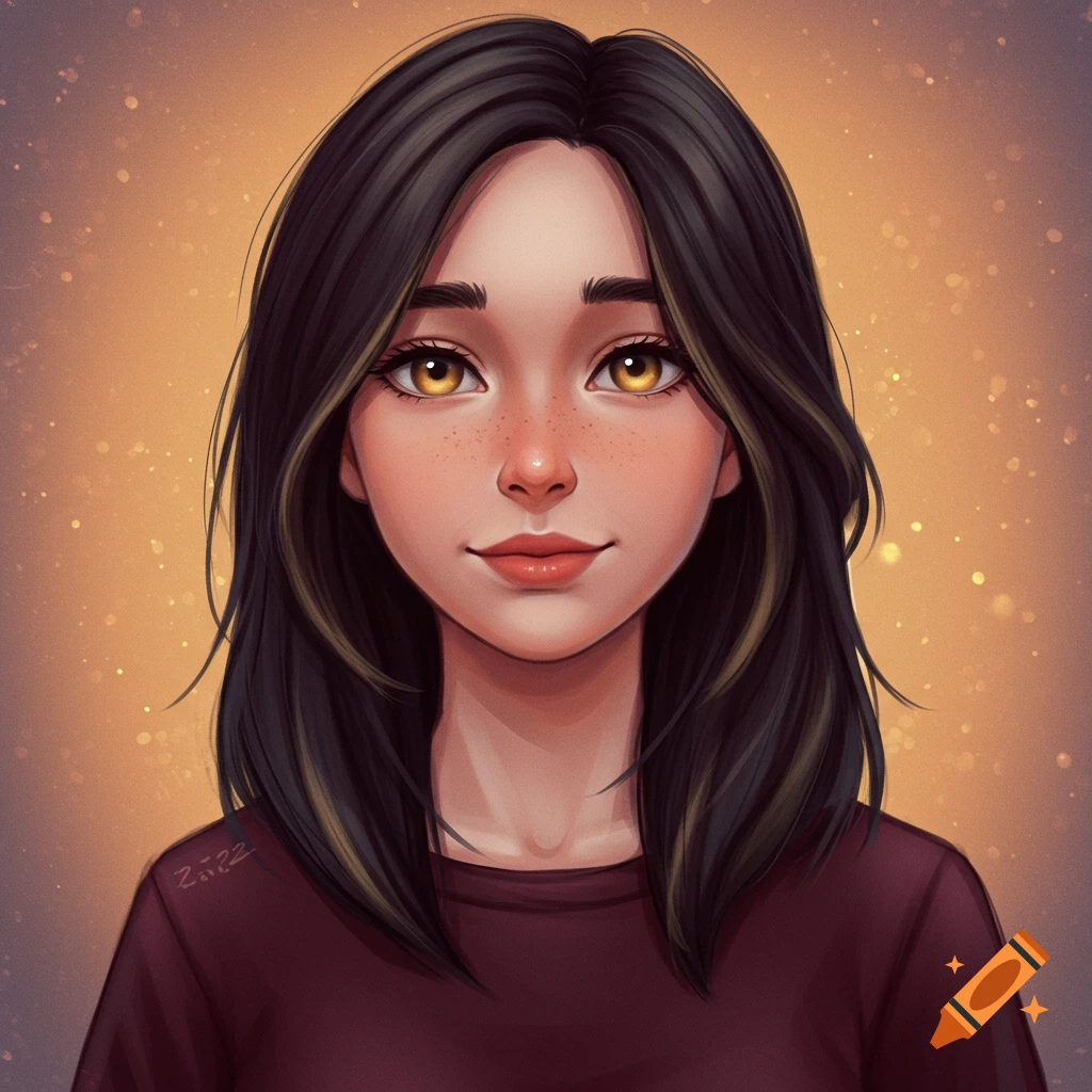 Portrait of young woman with dark hair and golden eyes.
