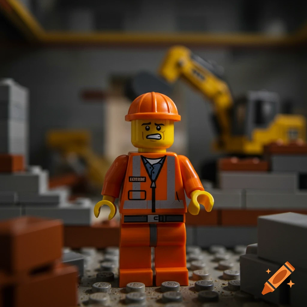 Photorealistic image of a stressed Lego construction worker at a construction site.