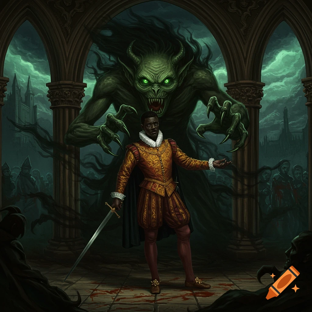 Man in Elizabethan attire confronts a green monster under gothic arches, oil painting style.