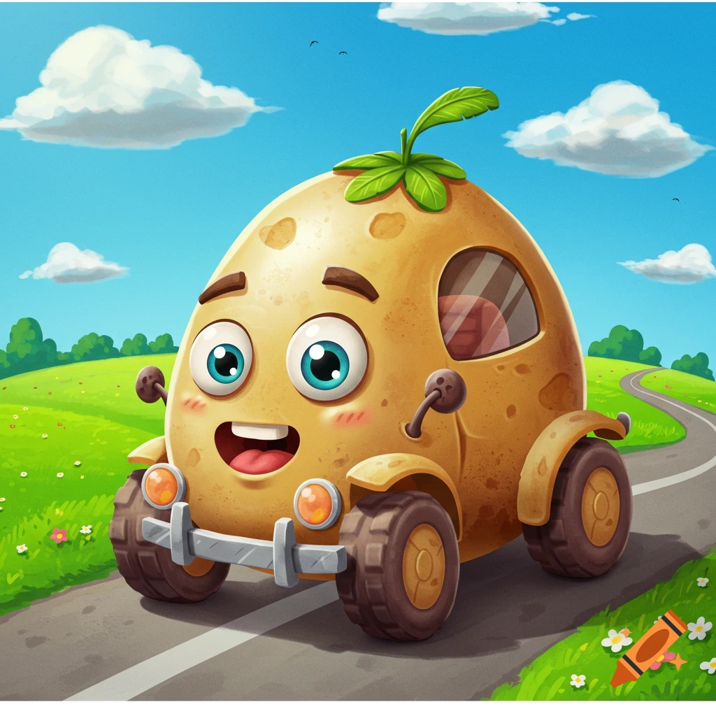 A cartoon potato shaped like a car with eyes and a mouth drives on a winding road through a green, hilly landscape under a blue sky.