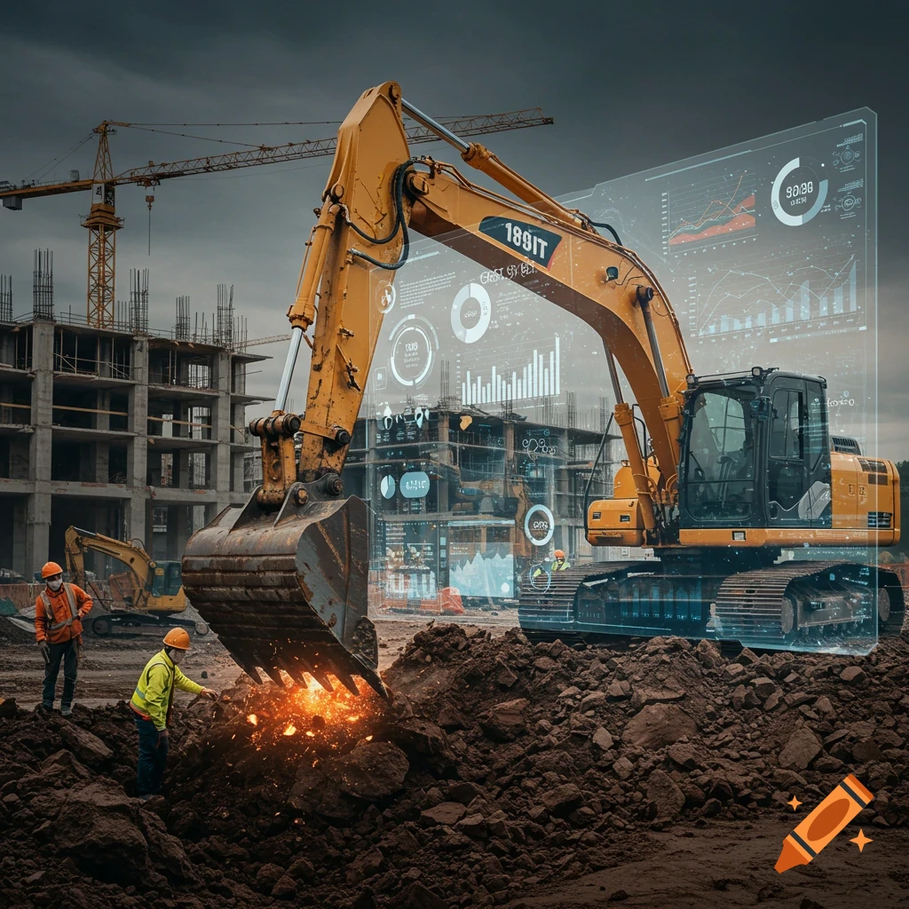 Excavator at a construction site with workers and a holographic data overlay.