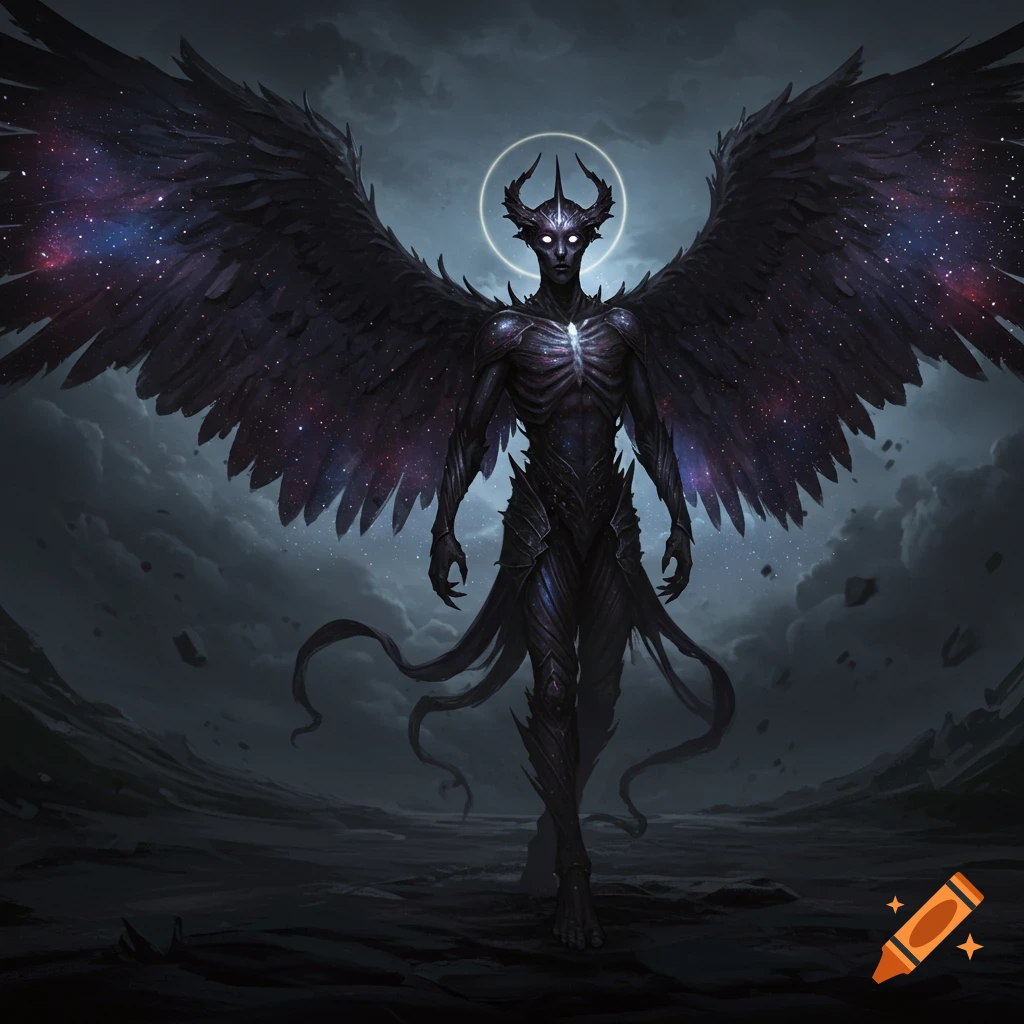 A dark archangel with star-filled wings and horns walks across a desolate landscape.