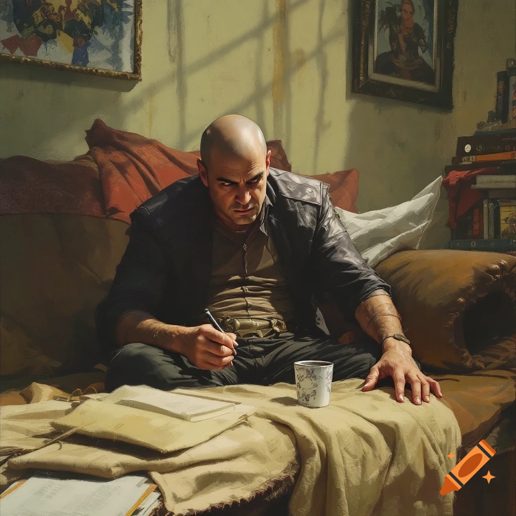 A bald man sits on a couch writing on papers.