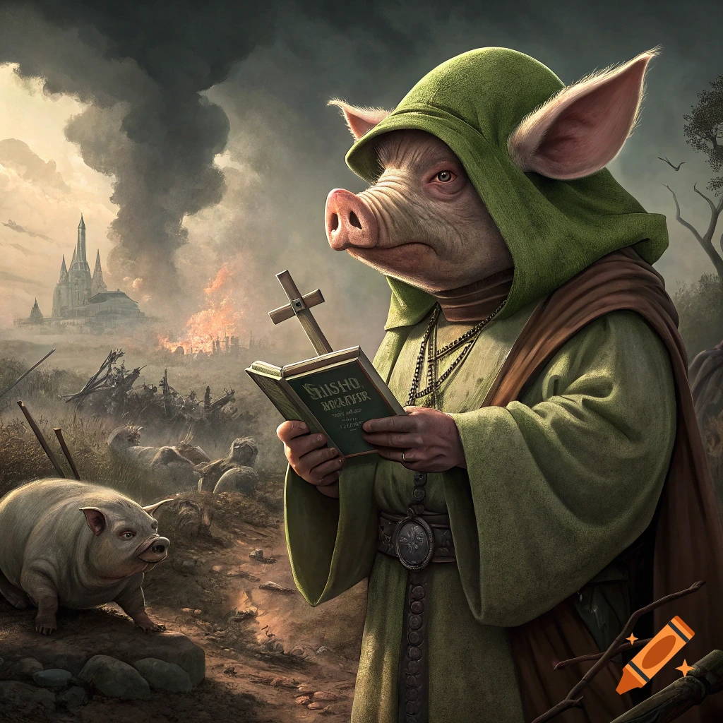 A pig in a green hooded robe holds a cross and book, reading to figures on a battlefield with a burning castle and smoke.