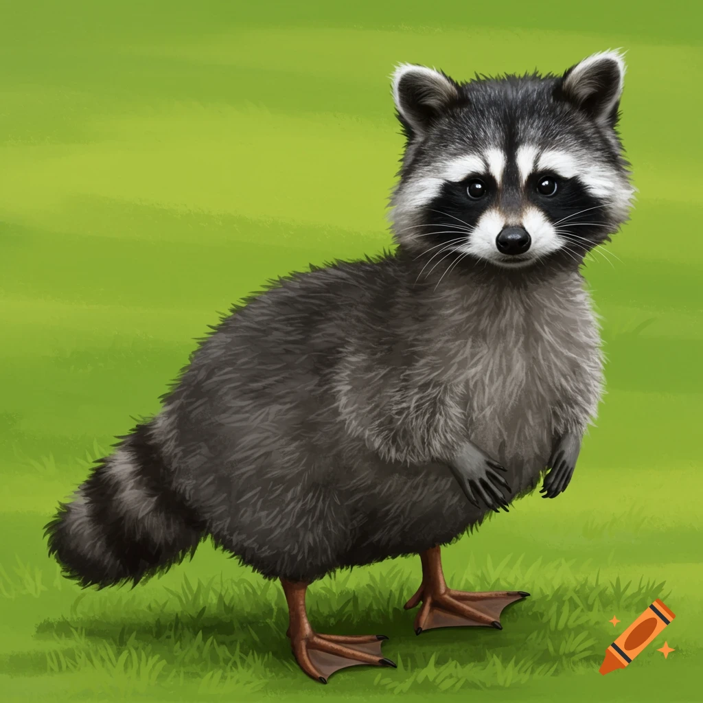 A hybrid raccoon-goose creature standing on grass.