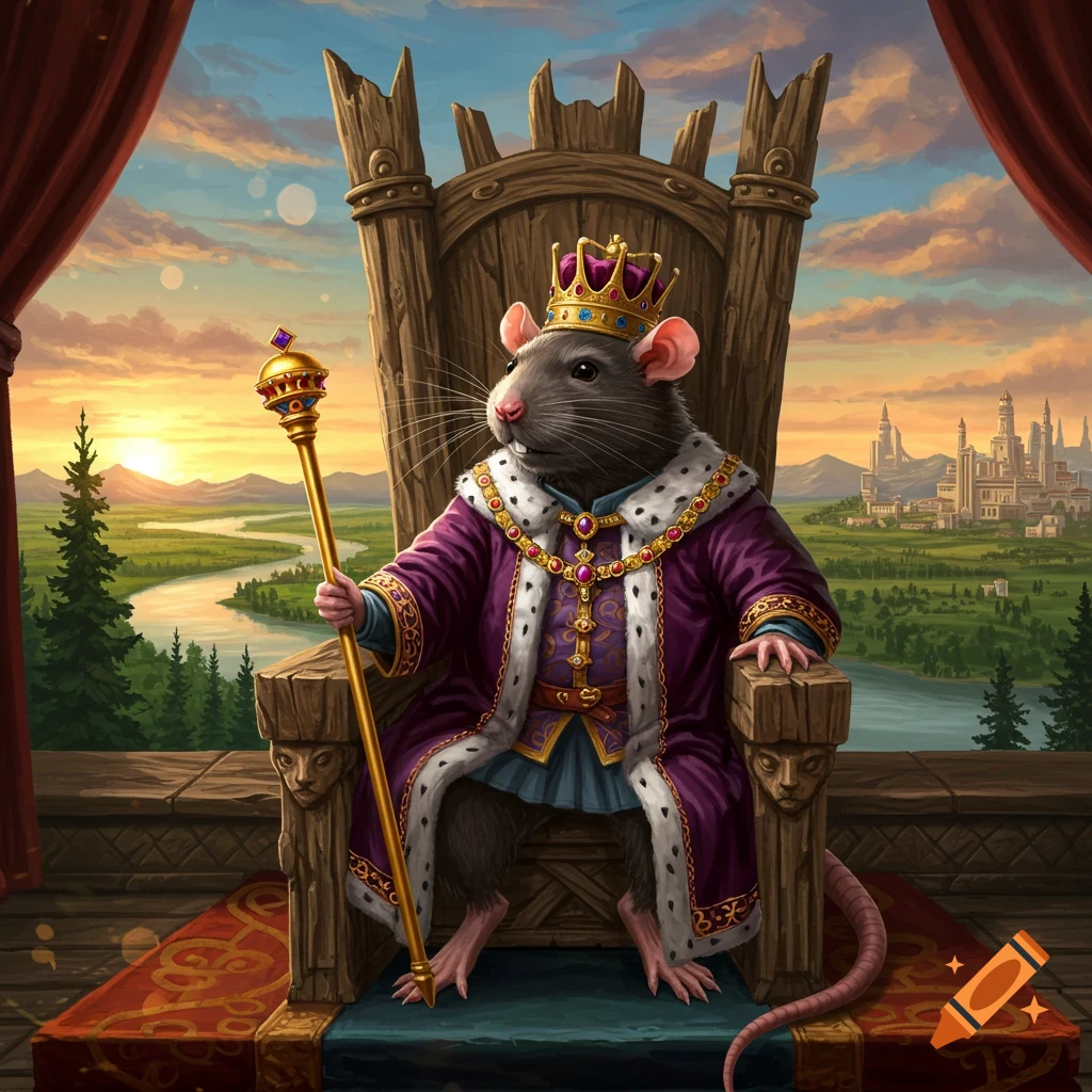 A rat king sits on a wooden throne, holding a scepter, overlooking a river and fantasy kingdom at sunset.