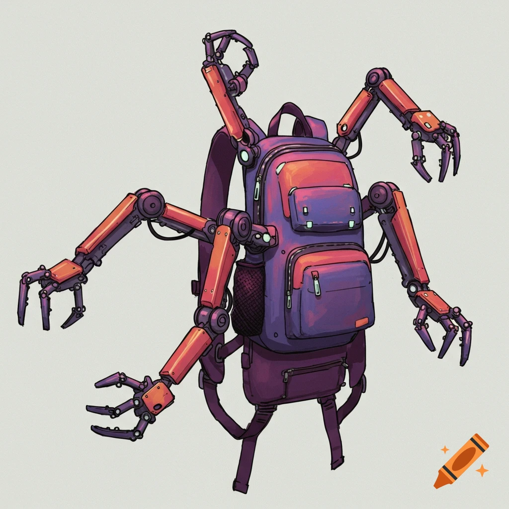 A purple and orange backpack with multiple robotic spider arms extending from it.