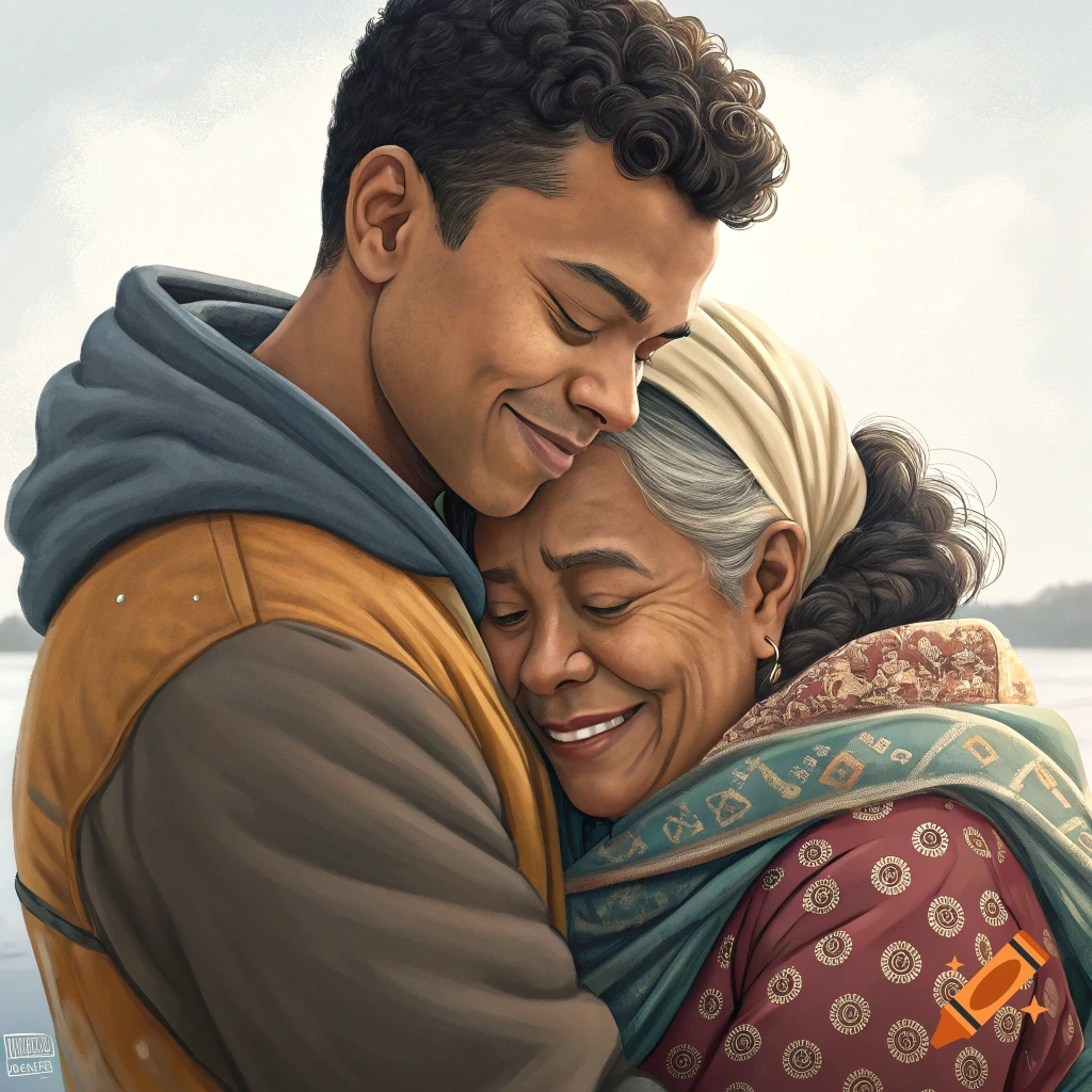 An illustration of a young man hugging an older woman, both smiling warmly.