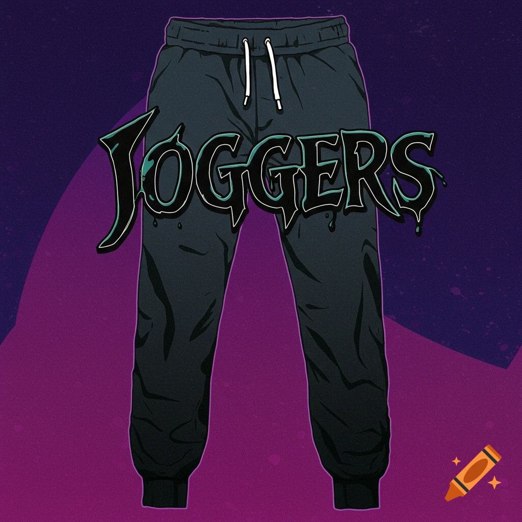 Dark grey joggers with dark green text spelling JOGGERS in a dripping style.