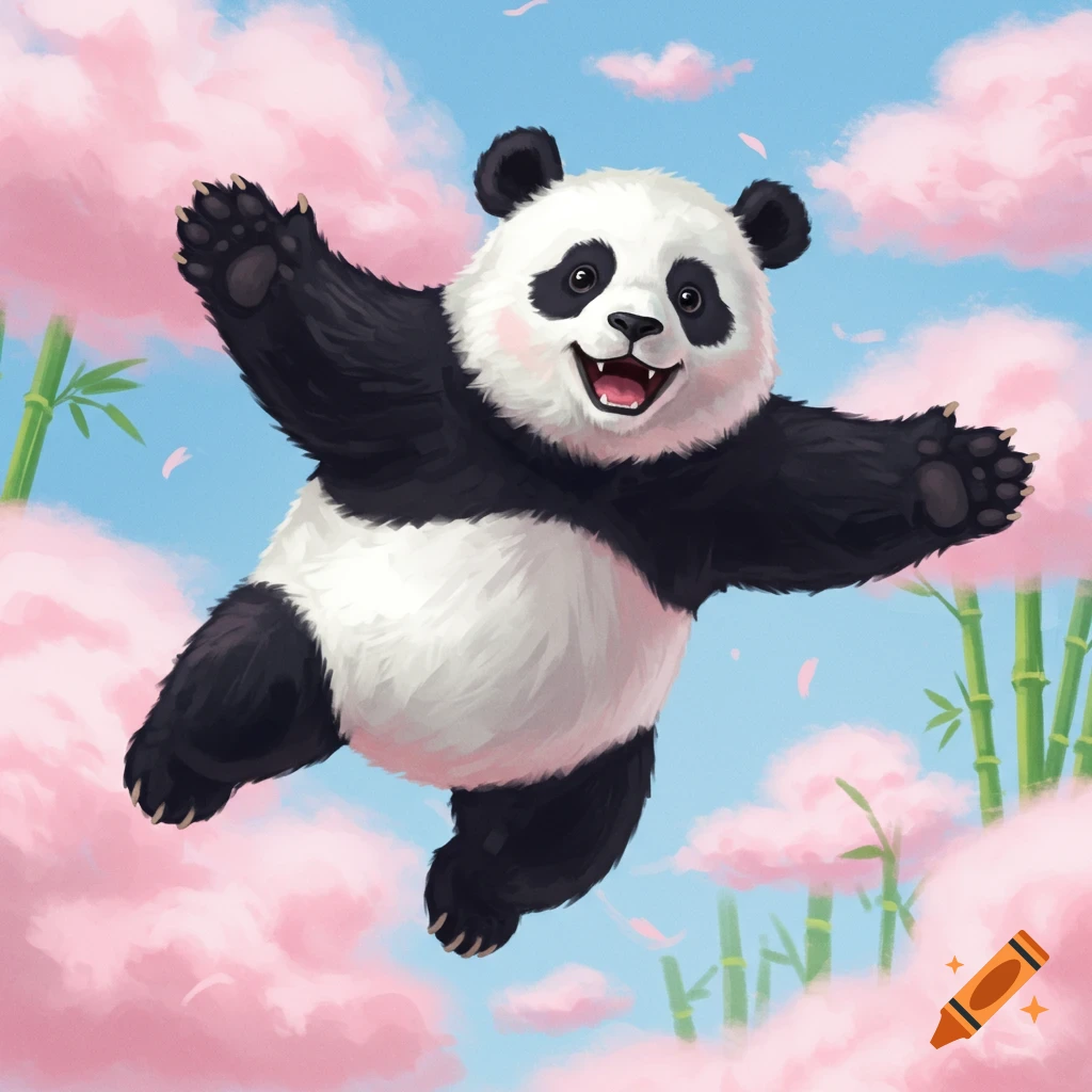 A happy panda flying among pink clouds and bamboo.