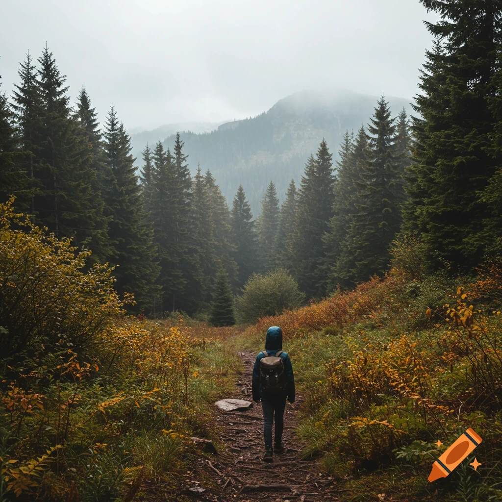 A person with a backpack walks on a dirt path through an autumn forest towards misty mountains.