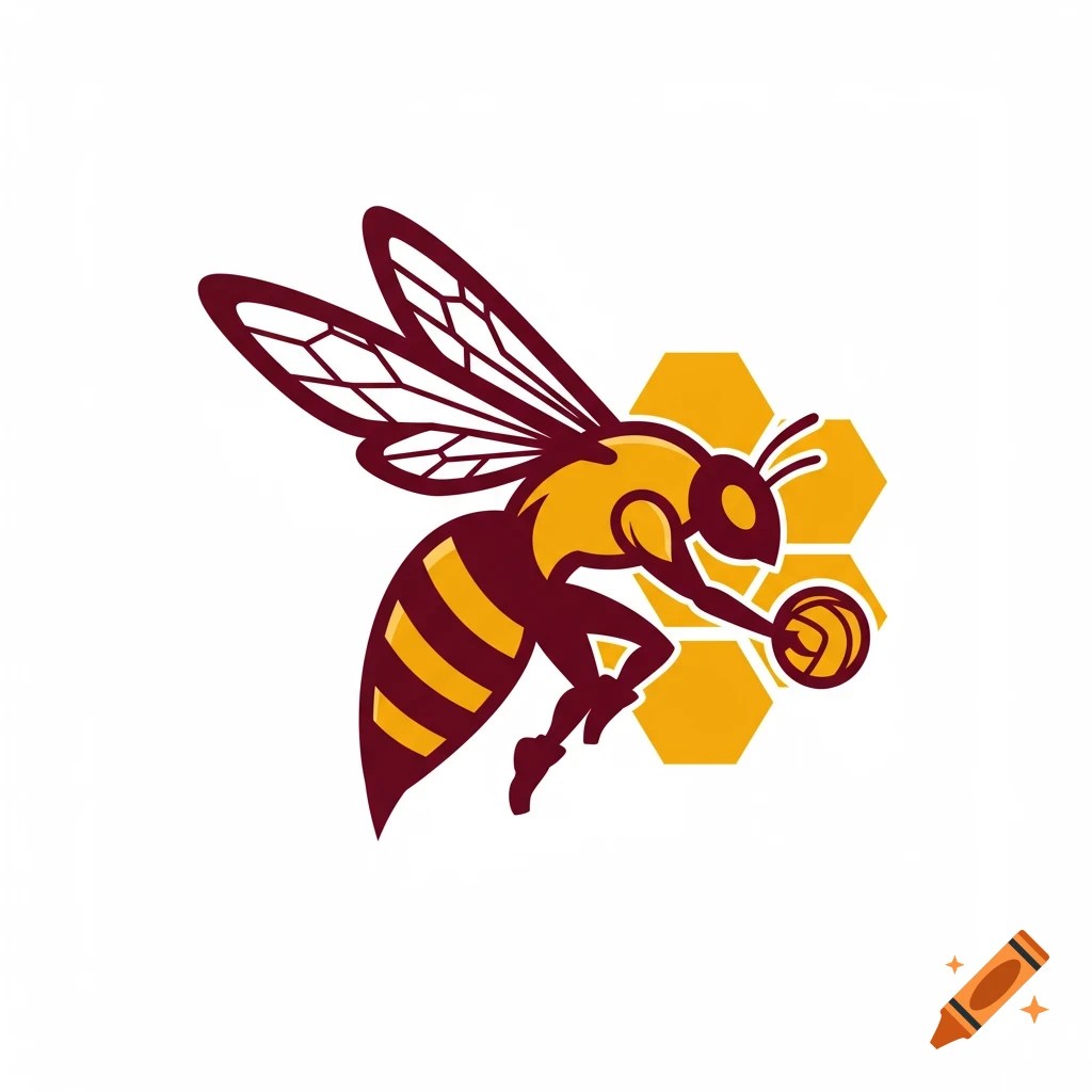 Logo of a stylized bee playing volleyball in front of honeycomb, maroon and yellow colors.