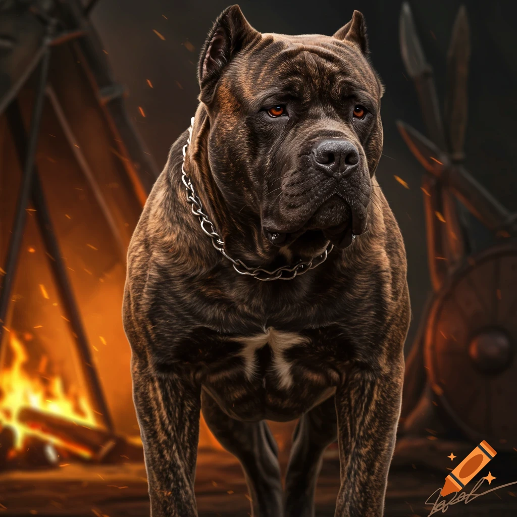 A powerful brindle mastiff dog with a chain collar standing by a fire with weapons in the background.