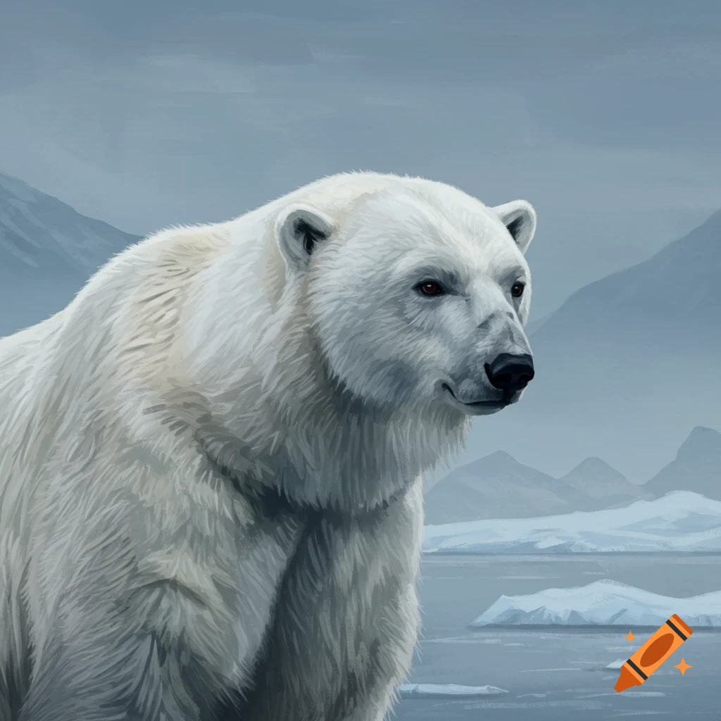 A sad polar bear in an arctic landscape