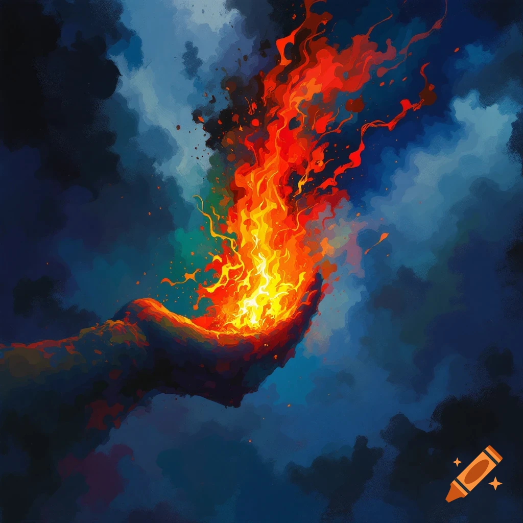 A hand holding a large flame against a dark, stormy sky.