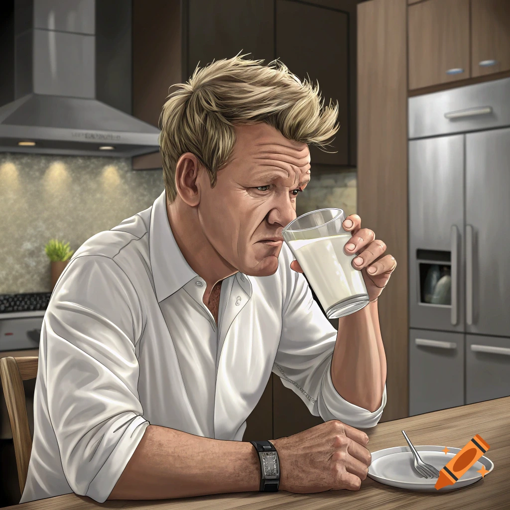 Illustration of Gordon Ramsay drinking milk in a kitchen