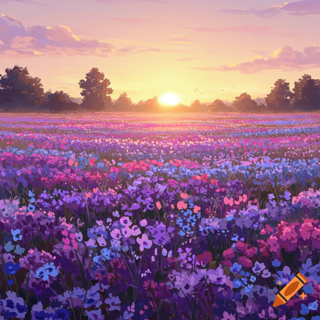 A vibrant field of purple and pink flowers at sunset with distant trees.