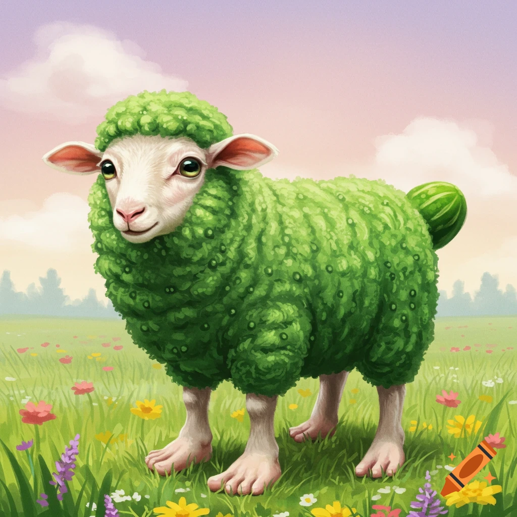 A green sheep-like creature with human feet stands in a field of colorful flowers under a pink and purple sky.