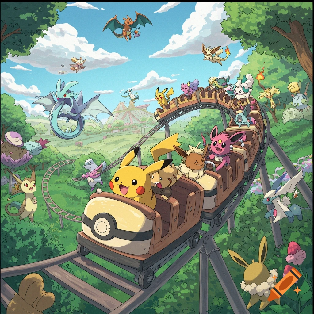 Pokemon characters ride a roller coaster through a park in a vibrant scene.