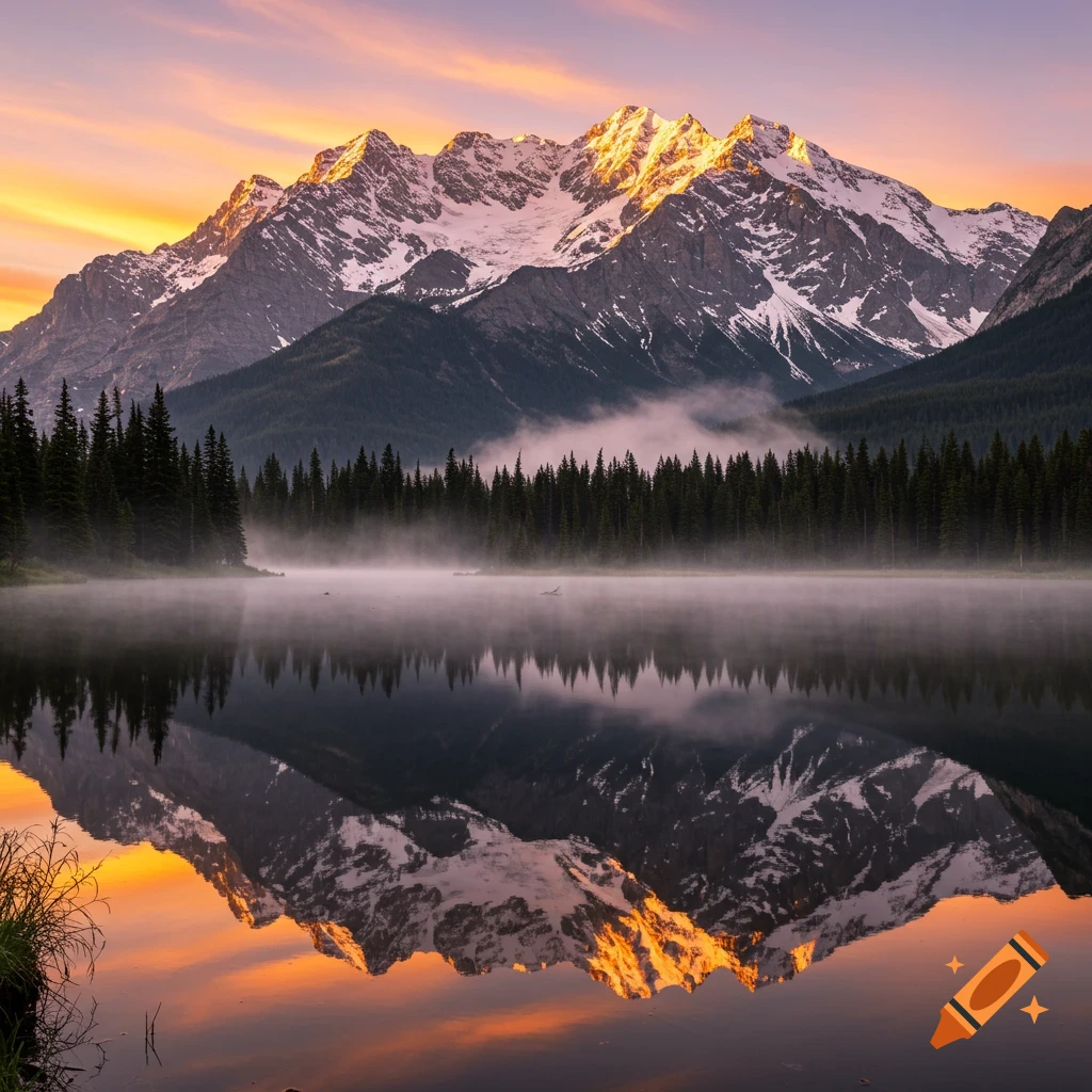 Sunrise over snow-capped mountains reflected in a misty lake surrounded by pine trees.